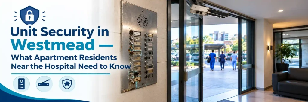 Westmead apartment lobby with a corroded intercom panel, a faulty glass door closer, and healthcare workers outside.