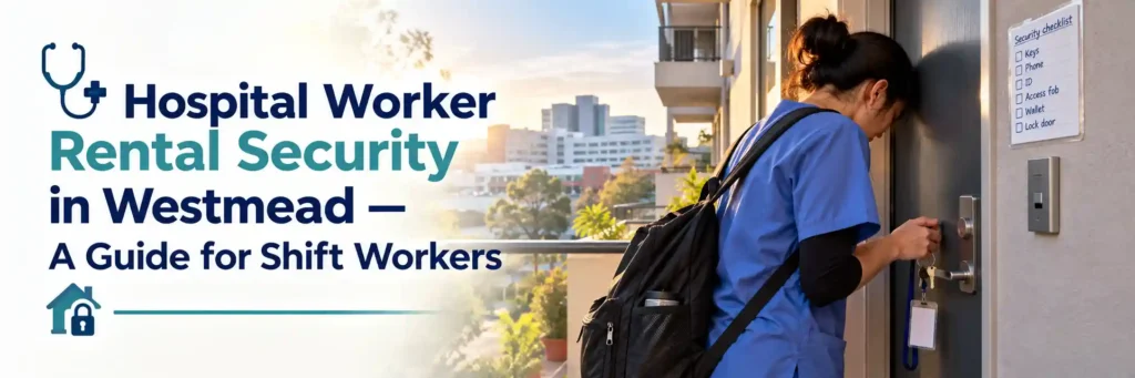 Healthcare worker in blue scrubs checking apartment door keys beside a security checklist in Westmead.